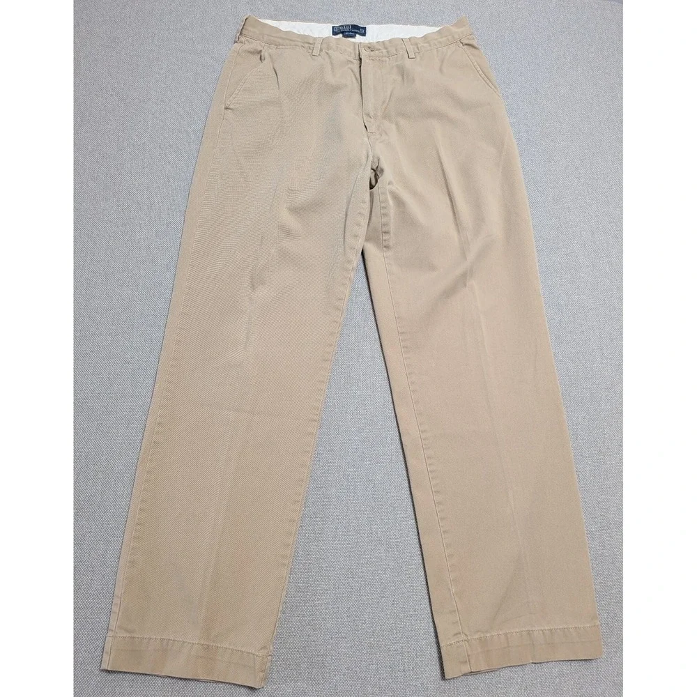 Polo Ralph Lauren Men's 34x32 Khaki Chino Pants Cotton Flat Front Prep Office